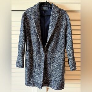 Zara Navy and White Textured Long Coat